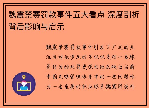 魏震禁赛罚款事件五大看点 深度剖析背后影响与启示
